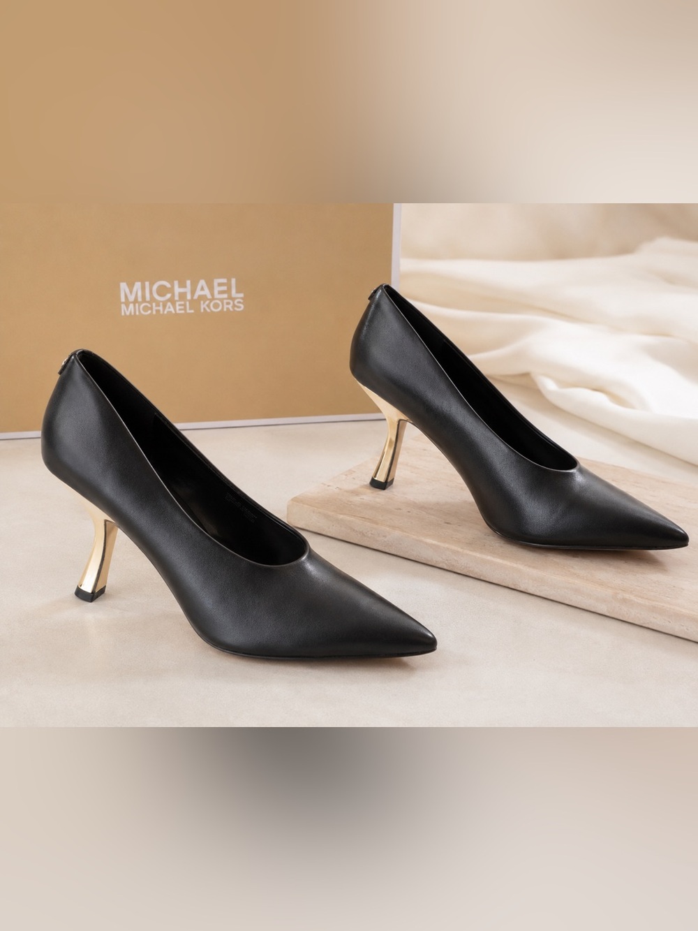 Michael Kors Black Leather Pointed Toe Pumps with Gold Sculpted Heel